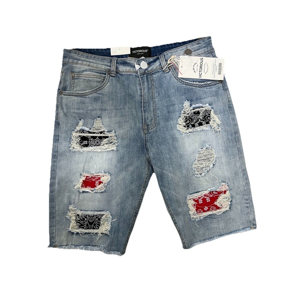 Victorious Men's Denim Shorts Casual Multi Color Bandana Embellished Size 32 New